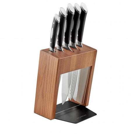 Scanpan Kalo Ash Block Knife Set featuring 6 essential knives, high-carbon stainless steel blades, and stylish oak storage block.