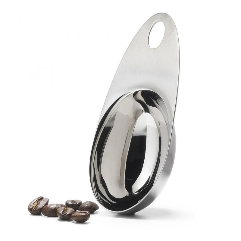 Elegant stainless steel coffee scoop measuring 1 and 2 tablespoons, designed to prevent sticking and ensure precise coffee measures.