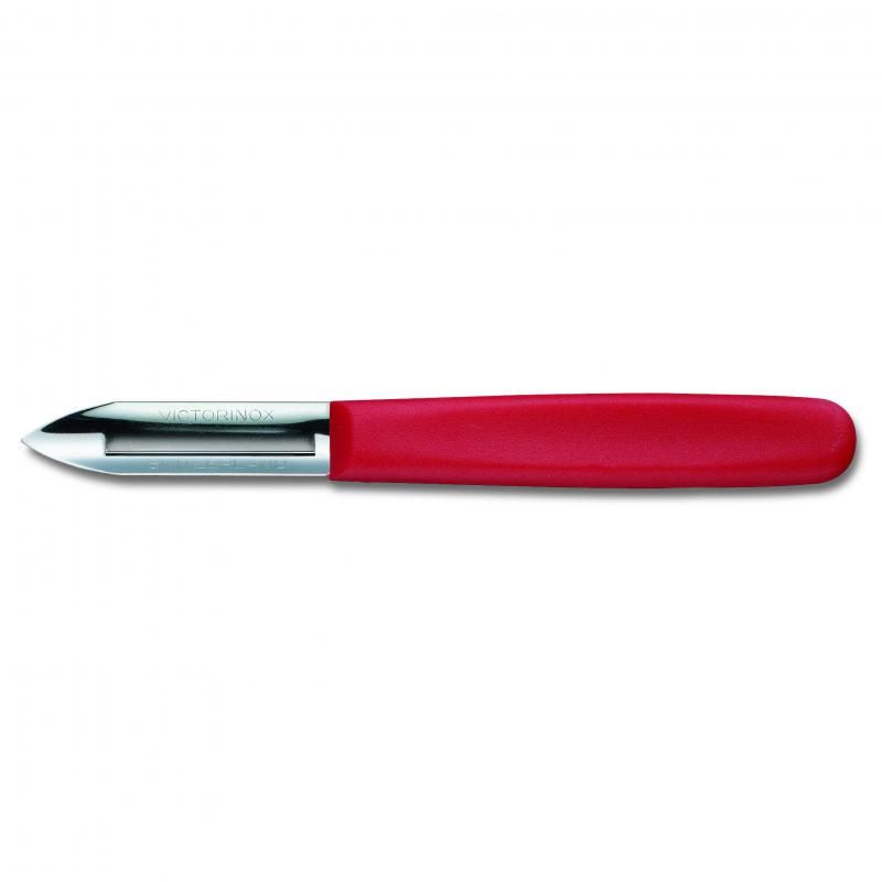 Red Victorinox potato peeler with stainless steel blade and ergonomic handle, ideal for easy peeling of vegetables.