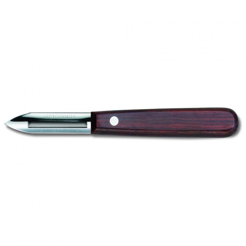 Victorinox potato peeler with rosewood handle and stainless steel blade, designed for effortless peeling of potatoes and veggies.