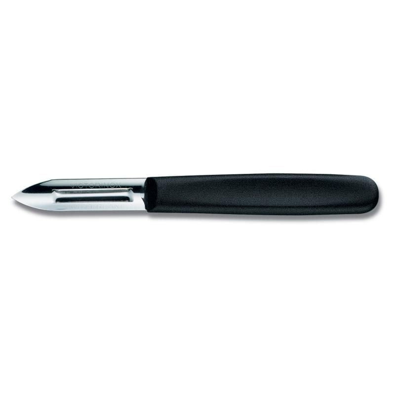 Victorinox black double edge peeler with stainless steel blade, ergonomic handle, ideal for effortless fruit and vegetable peeling.