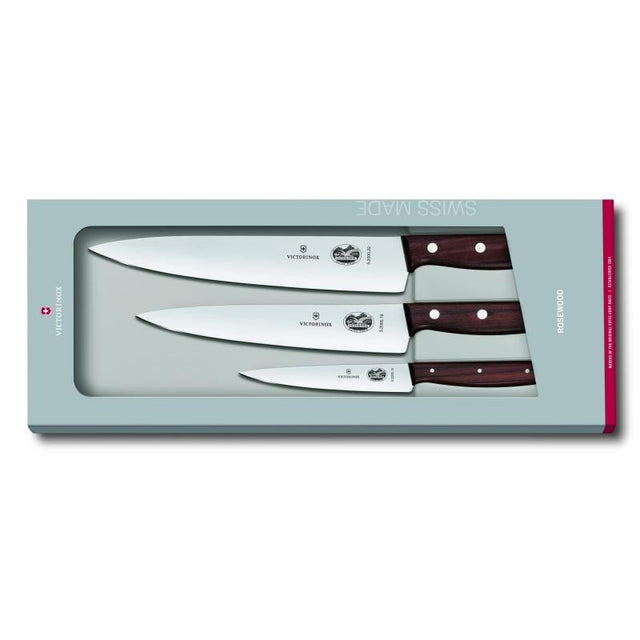 Victorinox 3-piece kitchen knife set with rosewood handles, featuring high carbon stainless steel blades for precision cutting.