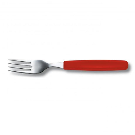 Victorinox red table fork with ergonomic handle, stainless steel, dishwasher safe, ideal for any dining occasion.