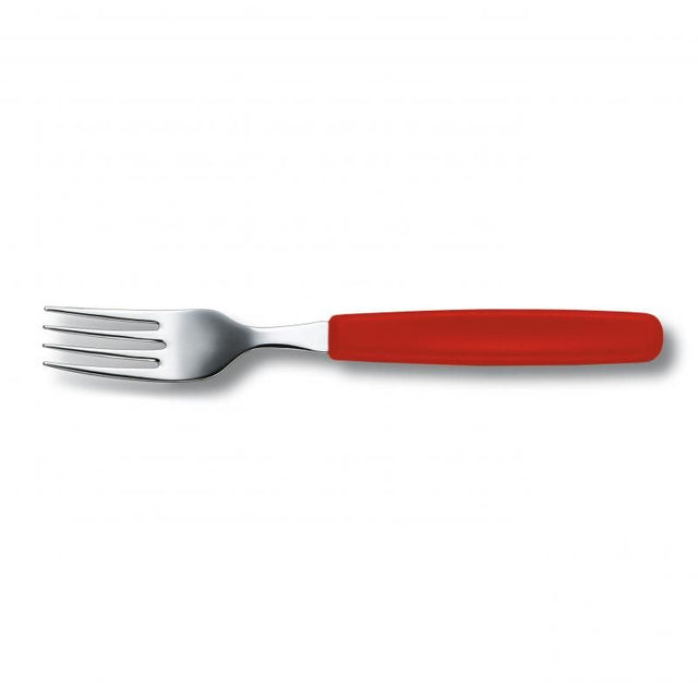 Victorinox red table fork with ergonomic handle, stainless steel, dishwasher safe, ideal for any dining occasion.