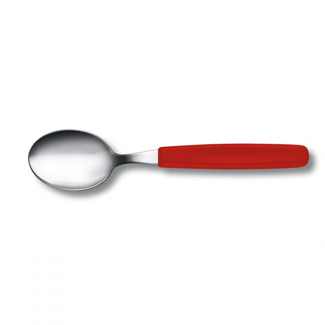 Red Victorinox Table Spoon, ergonomic handle, stainless steel, dishwasher-safe, ideal for soups and desserts.