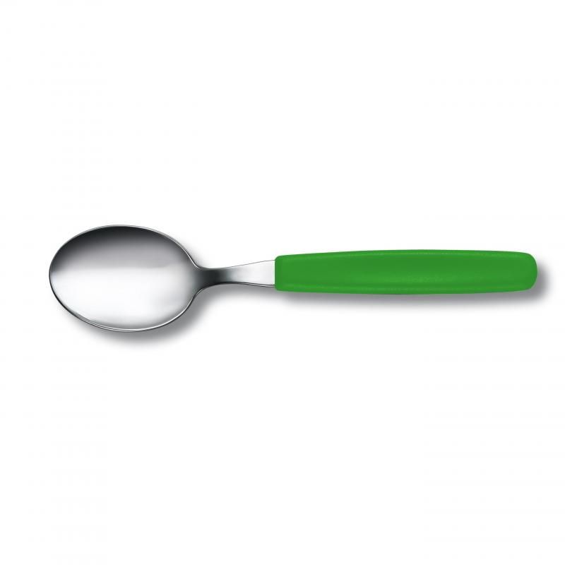 Vibrant green Victorinox Table Spoon, Swiss-made, ergonomic design, durable stainless steel, dishwasher safe for casual dining.