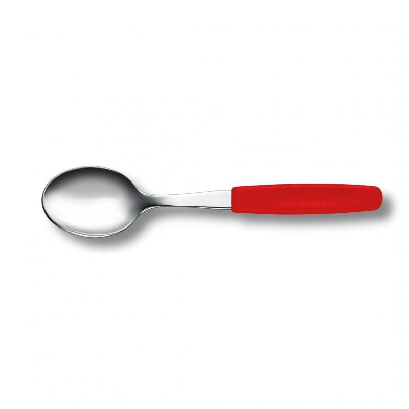 Red Victorinox Tea Spoon, crafted from durable stainless steel, featuring an ergonomic handle for comfortable everyday use.