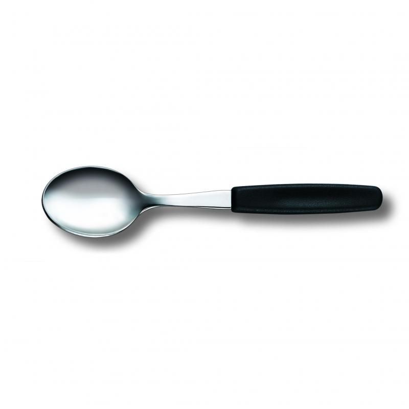 Sleek black Victorinox coffee spoon with ergonomic handle, 14.8cm length, made of durable stainless steel, dishwasher safe.