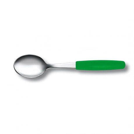 Vibrant green Victorinox tea spoon, ergonomic stainless steel design, ideal for casual dining and enhancing your kitchen aesthetic.