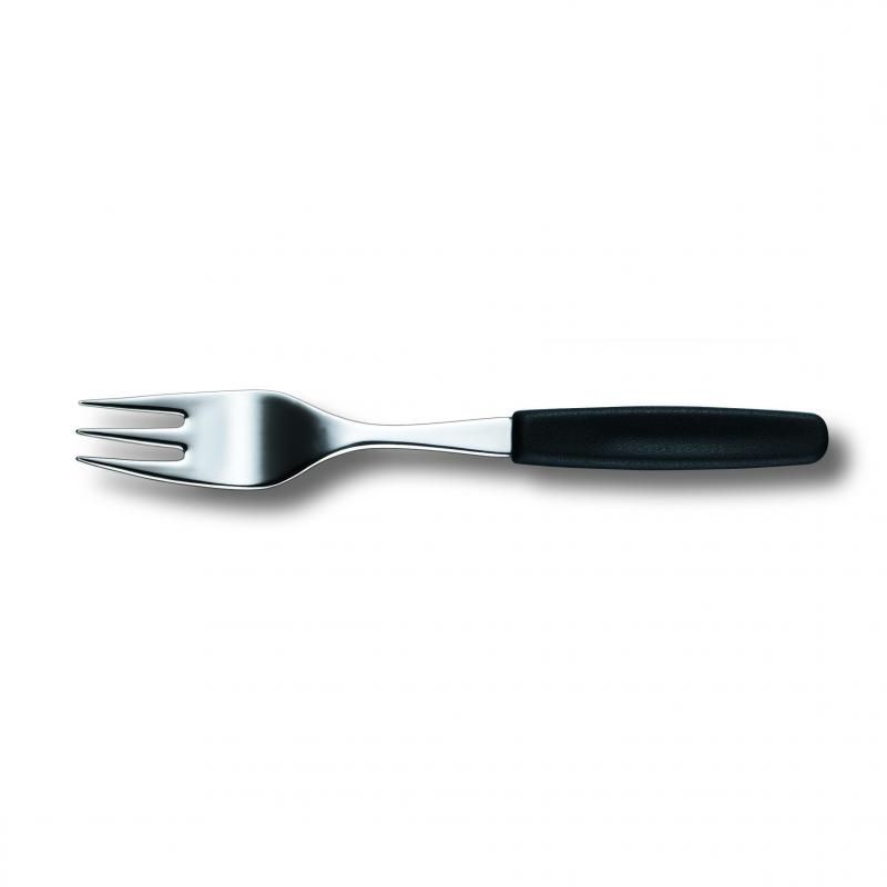 Victorinox black cake fork with ergonomic nylon handle, high carbon stainless steel blade, and aligned prongs for effortless serving.