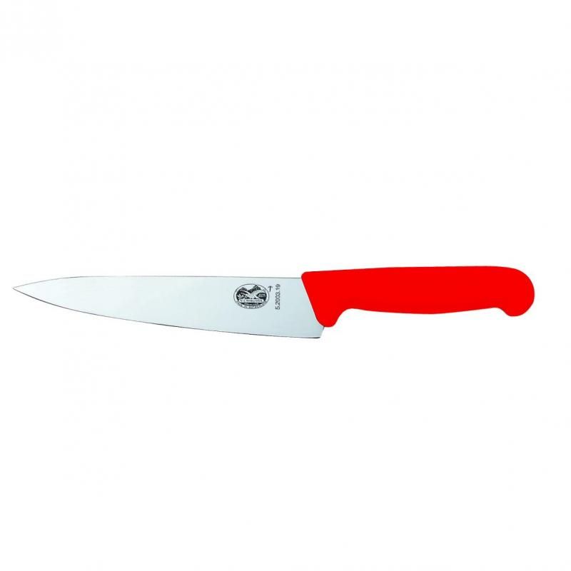 Victorinox Fibrox 19cm carving knife with red non-slip handle and high carbon stainless steel blade, ideal for meats and veggies.