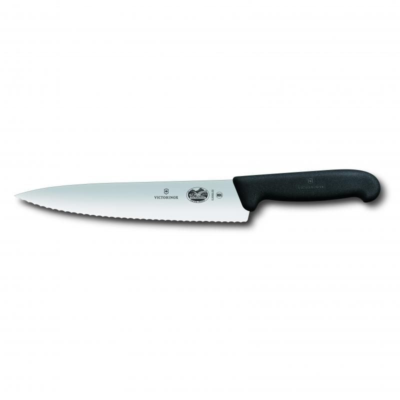 Victorinox 22cm wavy edge carving knife with ergonomic Fibrox handle, ideal for slicing meats and ensuring precision.