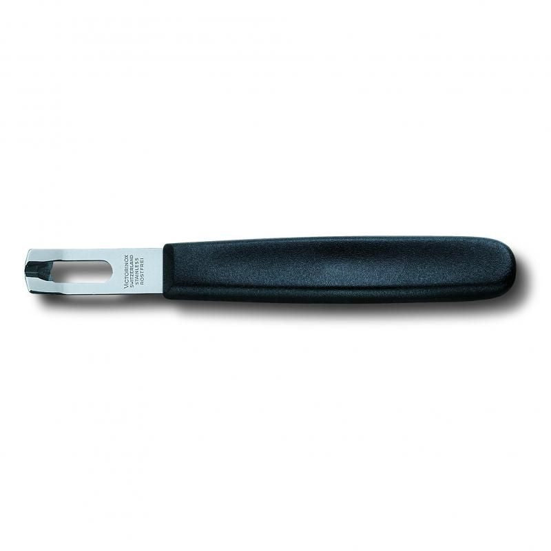 Victorinox Lemon Decorator in black, featuring a durable stainless steel blade and ergonomic nylon handle for easy fruit garnish creation.