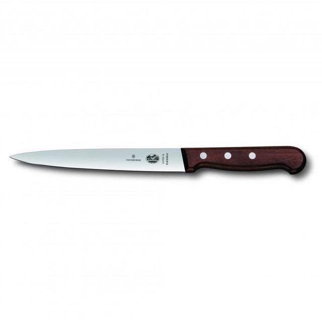 Victorinox 18cm flexible filleting knife with rosewood handle for precision fish preparation and stylish culinary presentation.