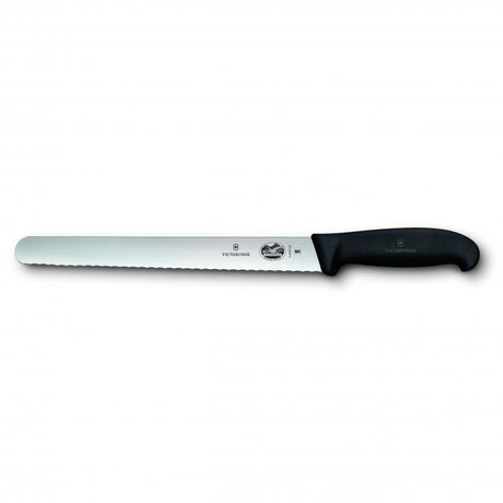 Victorinox Fibrox 25cm slicing knife with round wavy edge, featuring a non-slip handle and high carbon steel blade for precision cutting.