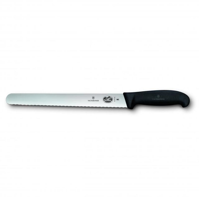 Victorinox Fibrox 25cm slicing knife with round wavy edge, featuring a non-slip handle and high carbon steel blade for precision cutting.