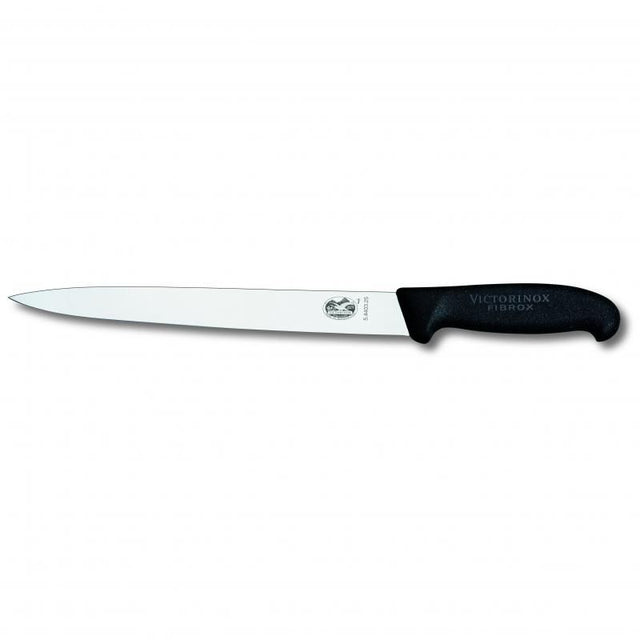 Victorinox 25cm slicing knife with high carbon stainless steel blade and anti-slip Fibrox handle for precise cutting.