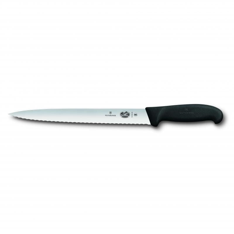 Victorinox 25cm slicing knife featuring a pointed tip, wavy edge, and ergonomic Fibrox handle for precise, comfortable cutting.