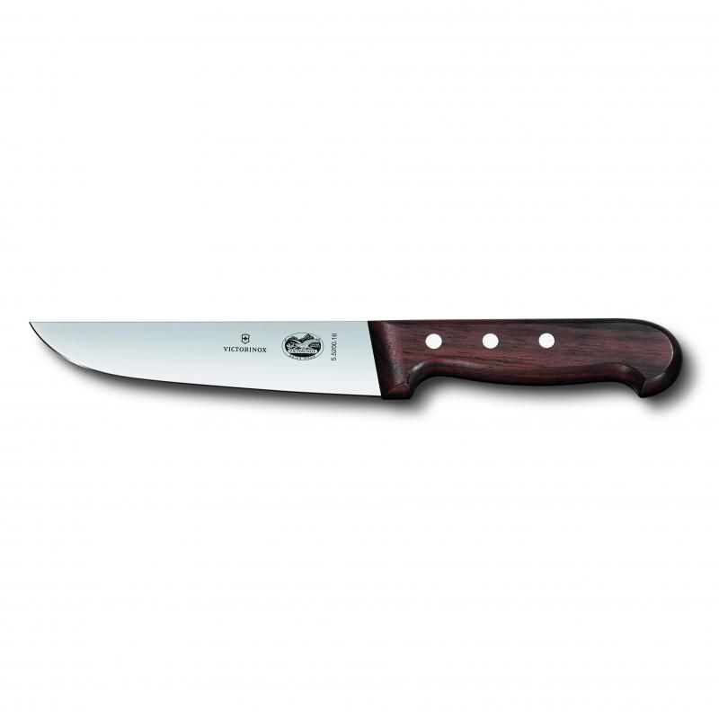 Victorinox 31cm butcher knife with straight back blade, high carbon stainless steel, ergonomic rosewood handle for comfort.