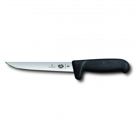 Victorinox 15cm boning knife with black Fibrox handle, wide stainless steel blade, and safety features for precise meat cutting.