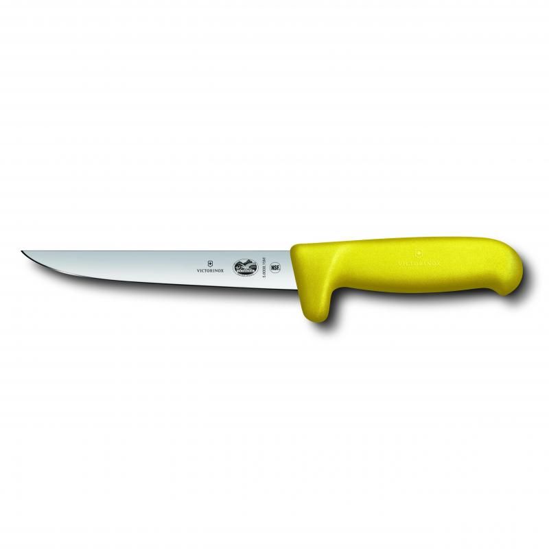 Victorinox 15cm boning knife with yellow Fibrox handle, wide stainless steel blade designed for precise meat separation.