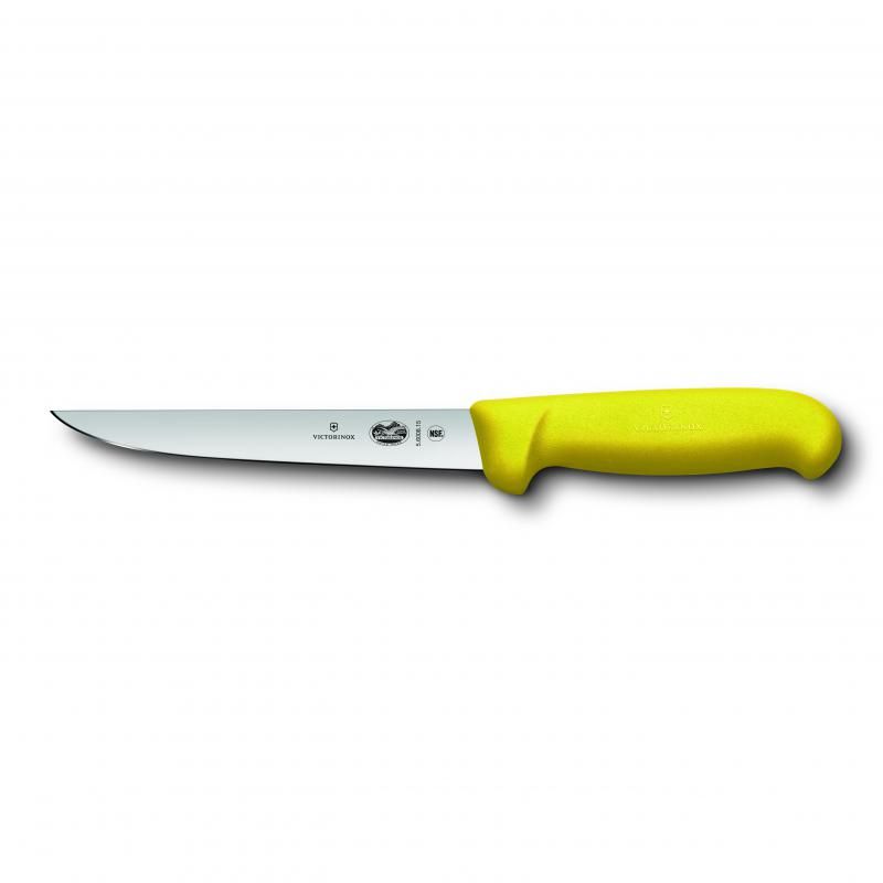 Victorinox 15cm boning knife with wide stainless steel blade and ergonomic yellow Fibrox handle for precise slicing and deboning.