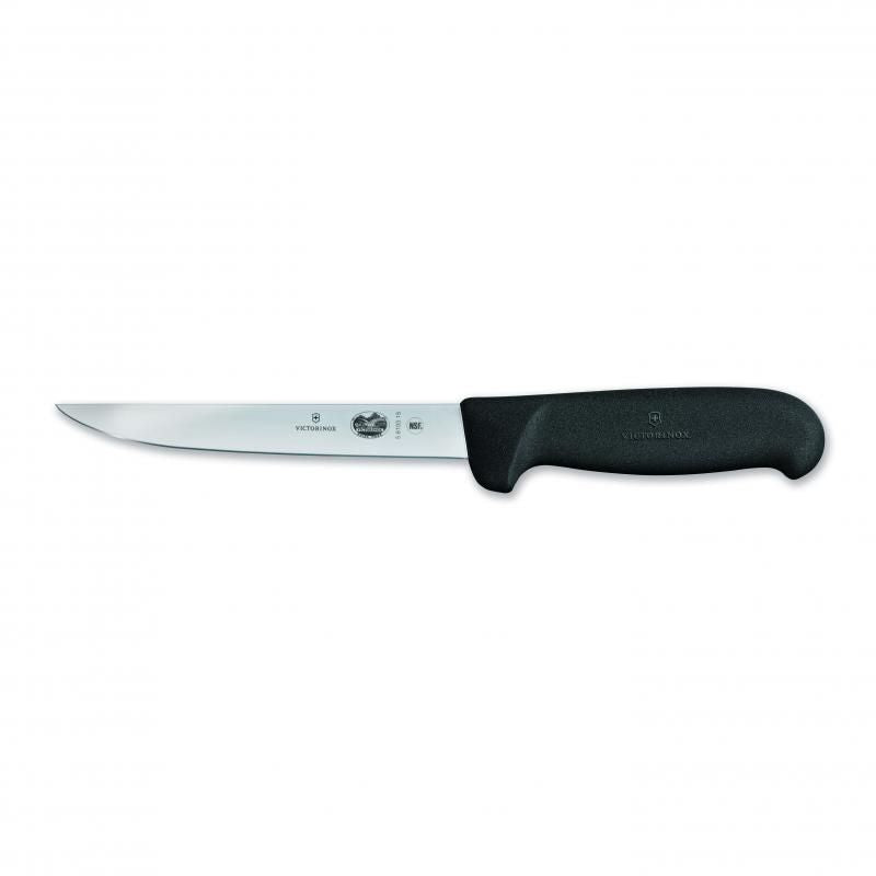 Victorinox 12cm boning knife with straight narrow blade and black Fibrox handle for precise meat preparation.