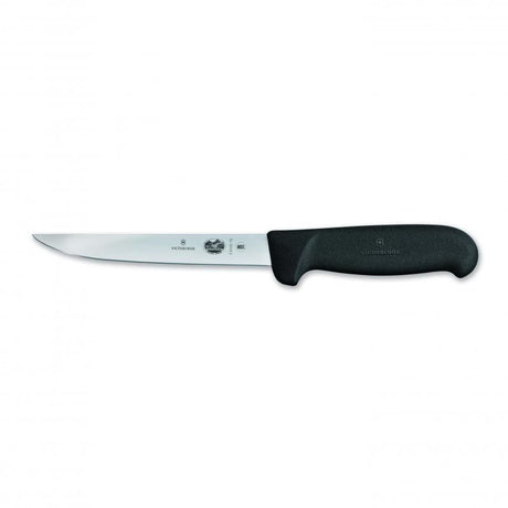 Victorinox 12cm boning knife with straight narrow blade and black Fibrox handle for precise meat preparation.