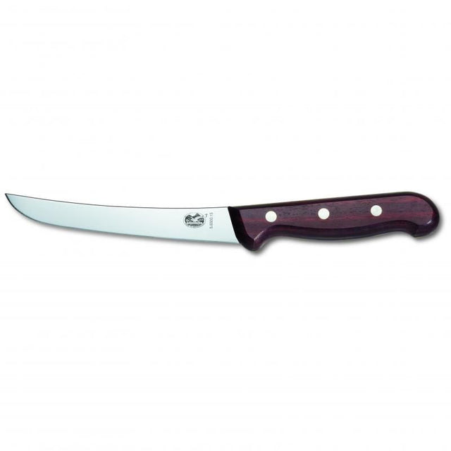 Victorinox Boning Knife with 15cm curved wide blade, featuring a beautiful Rosewood handle for precision meat preparation.