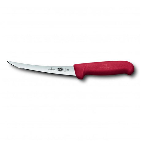 Red Victorinox Fibrox 12cm curved boning knife with ergonomic handle, designed for precise meat cutting and easy maintenance.