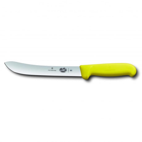 Victorinox Butchers Knife with 18cm heavy stiff blade and yellow Fibrox handle, perfect for precise butchering tasks.