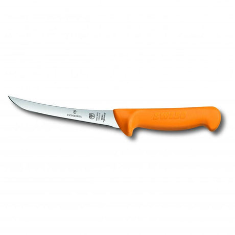 Victorinox Swibo 16cm curved boning knife with ergonomic yellow handle for precision meat and fish cutting.