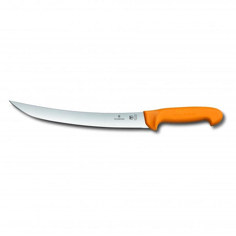 Victorinox Swibo Butchers Knife with 26cm curved blade and ergonomic yellow handle, designed for durability and safety in culinary use.