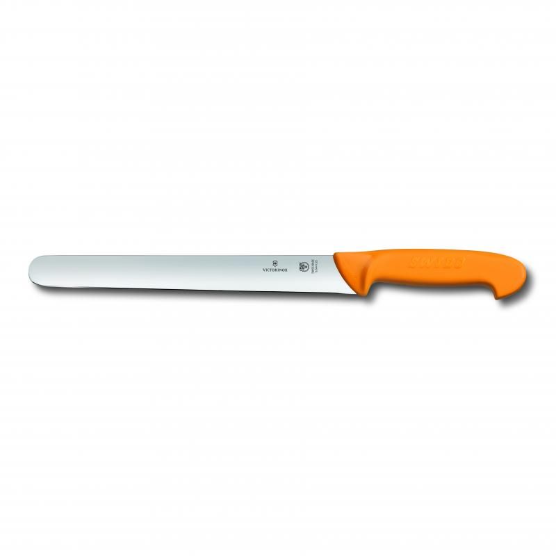 Victorinox Swibo 25cm yellow slicing knife with round blade, designed for precision and safety in professional kitchens.