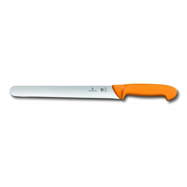 Victorinox Swibo 25cm yellow slicing knife with round blade, designed for precision and safety in professional kitchens.