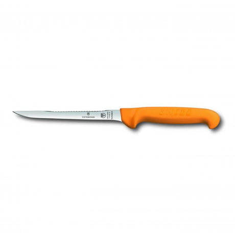 Victorinox 16cm filleting knife with a flexible blade and narrow handle, featuring scaling ridges for efficient fish prep.