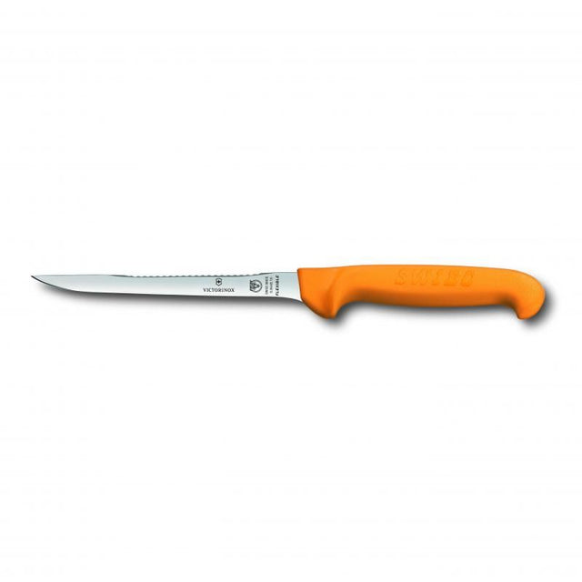 Victorinox 16cm filleting knife with a flexible blade and narrow handle, featuring scaling ridges for efficient fish prep.