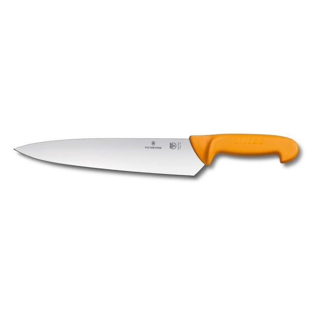 Victorinox Swibo Chef's Carving Knife with 21cm stiff blade and ergonomic yellow handle, ideal for precise slicing.