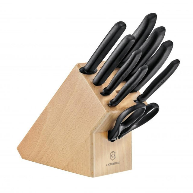 Victorinox Swiss Classic Cutlery Block with 9 precision knives and scissors, elegantly housed in a natural beechwood block.