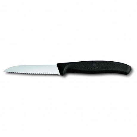 Victorinox 8 cm paring knife with wavy edge and black handle, ideal for precise slicing of fruits and vegetables.