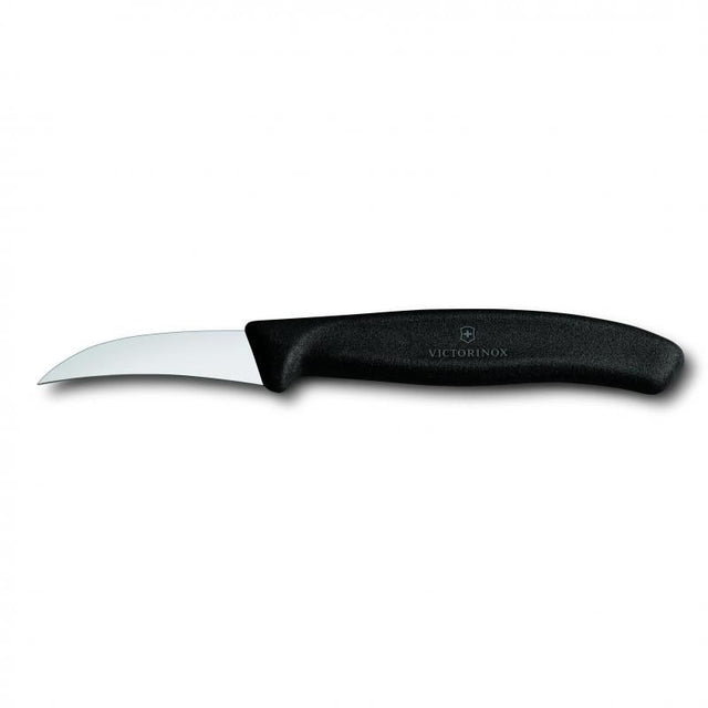 Victorinox 6cm curved shaping knife in classic black, designed for precise garnishing and intricate food presentation.