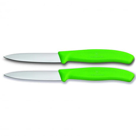 Victorinox Paring Knife set with 8 cm blades and green handles, perfect for precise peeling and intricate cuts in the kitchen.