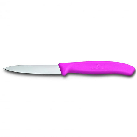 Victorinox pink paring knife with 8 cm pointed blade, ideal for peeling, garnishing, and intricate kitchen tasks.