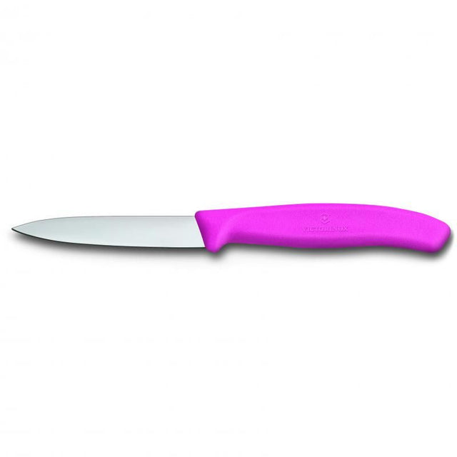 Victorinox pink paring knife with 8 cm pointed blade, ideal for peeling, garnishing, and intricate kitchen tasks.