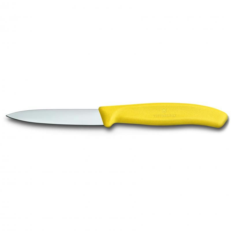 Victorinox 8 cm pointed paring knife with yellow handle, perfect for peeling, trimming, and intricate garnishes.