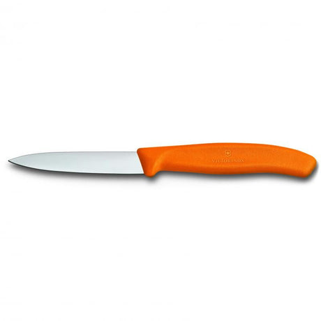 Compact orange Victorinox paring knife with an 8 cm pointed blade for precise cutting, peeling, and food decoration.