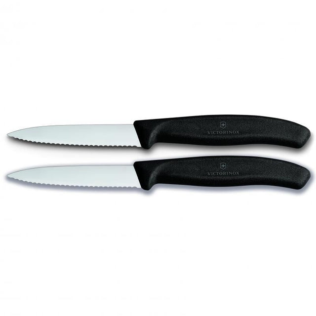 Victorinox 8 cm black paring knife with pointed tip and wavy edge, perfect for precise cutting and delicate culinary tasks.