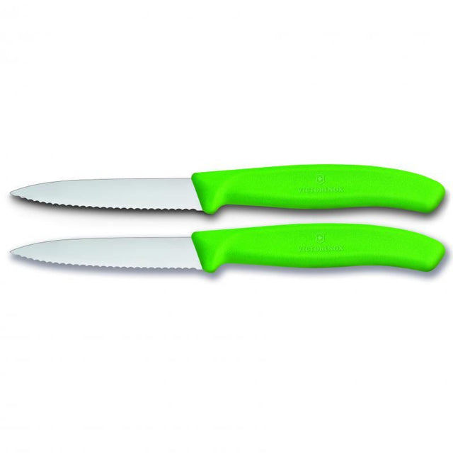 Set of 2 Victorinox 8 cm pointed tip paring knives with ultra-sharp wavy edges for precise cutting and intricate food prep.