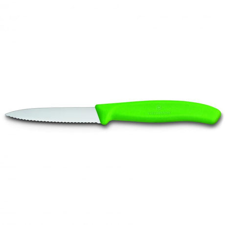 Victorinox green paring knife with 8 cm wavy edge, perfect for precise slicing of fruits, vegetables, and meats.