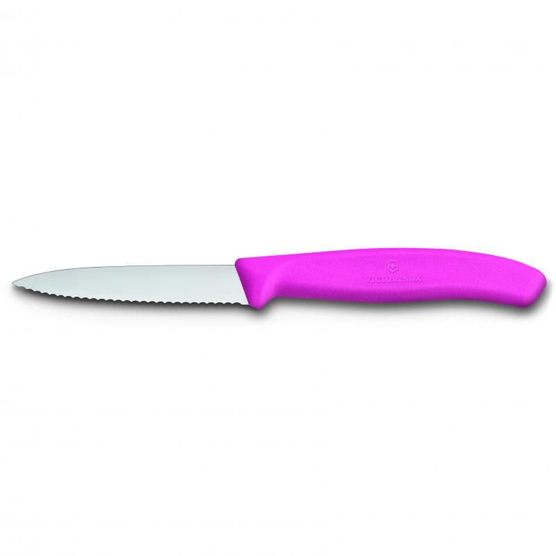 Victorinox pink paring knife with 8 cm pointed tip and wavy edge, perfect for precise cutting and food preparation tasks.